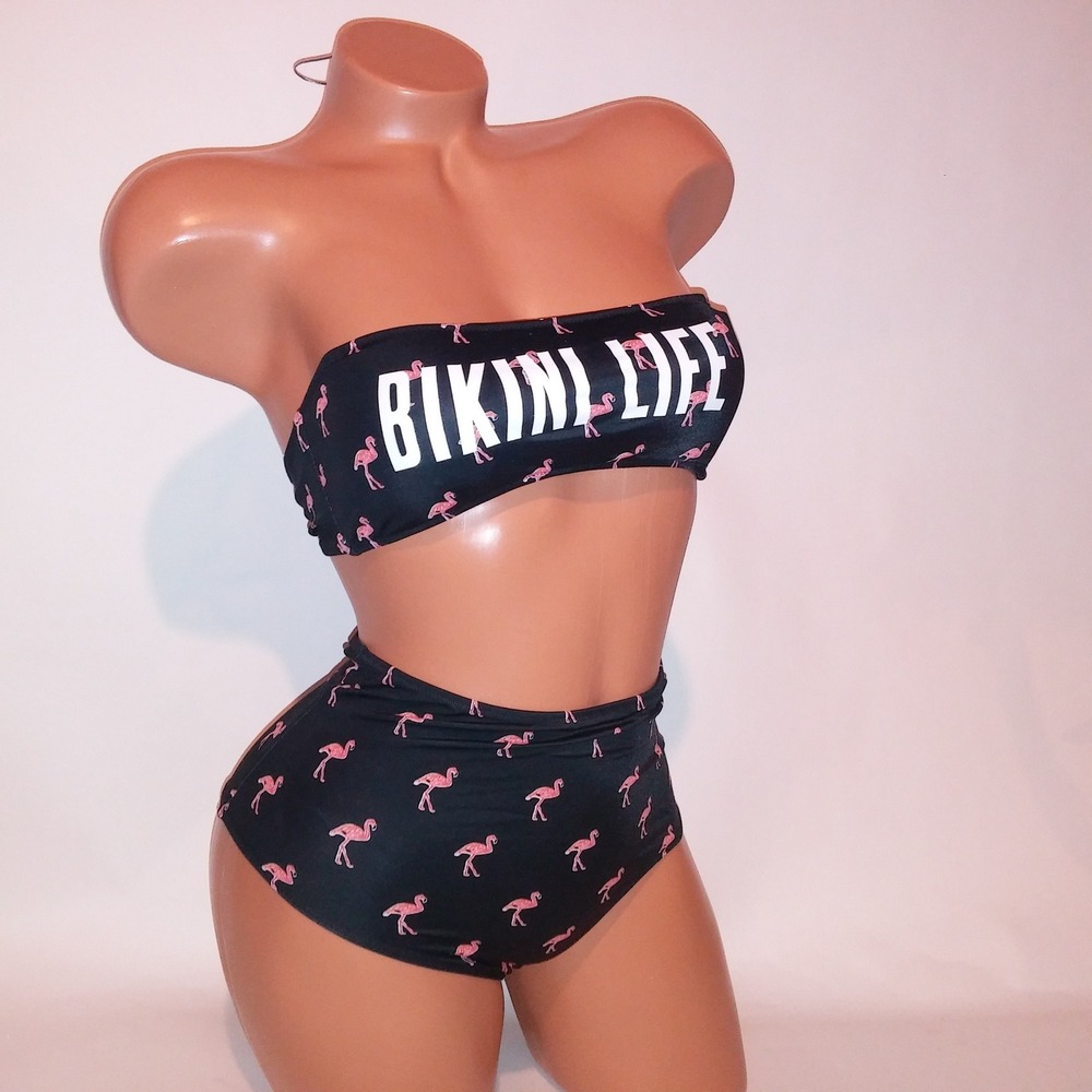 Victoria Secret Swim Bikini XS Top & Bottom Black Flamingo Beach Life Bandeau
